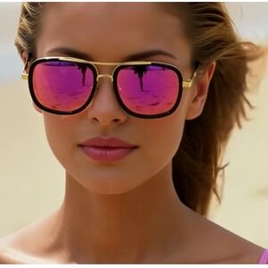 Women Fashion Sunglasses‎ Square Glasses Pink Reflective Lens UV Protections